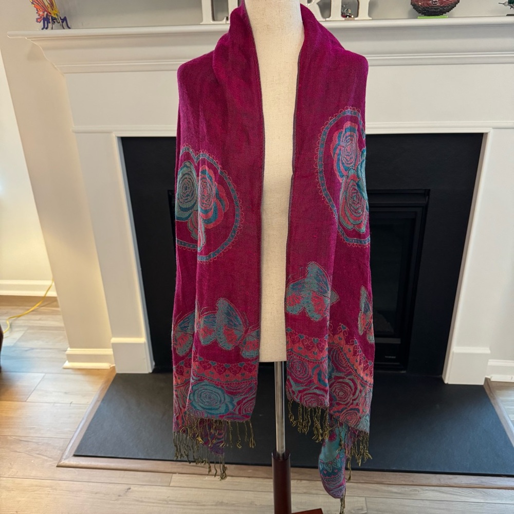 Magenta & Teal Floral Butterfly Woven Shawl / Scarf – Fringe Trim